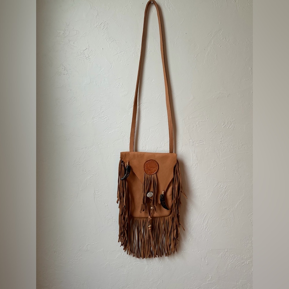 Handmade Alaska Leather Fringe Crossbody Bag Signed Artisan Bear Claw